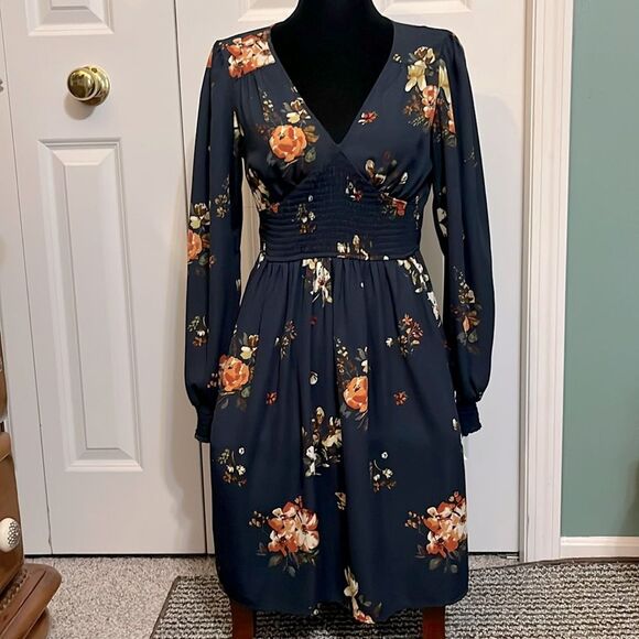 Fall Floral Cinched Elastic Waist Long Sleeved Dress - Picture 1 of 7